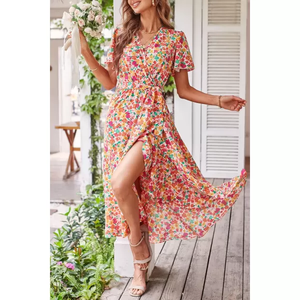 imagePRETTYGARDEN Womens 2023 Floral Boho Dress Wrap V Neck Short Sleeve Belted Ruffle Hem ALine Flowy Maxi DressesPrint White Pink