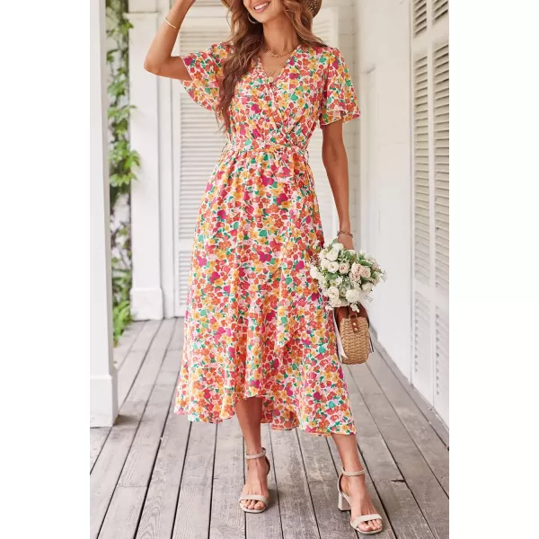 imagePRETTYGARDEN Womens 2023 Floral Boho Dress Wrap V Neck Short Sleeve Belted Ruffle Hem ALine Flowy Maxi DressesPrint White Pink