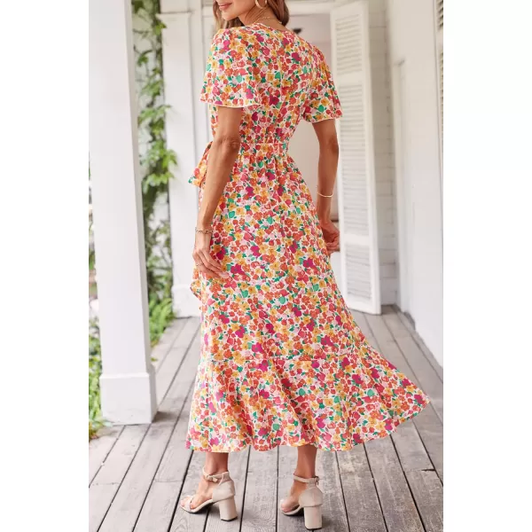 imagePRETTYGARDEN Womens 2023 Floral Boho Dress Wrap V Neck Short Sleeve Belted Ruffle Hem ALine Flowy Maxi DressesPrint White Pink