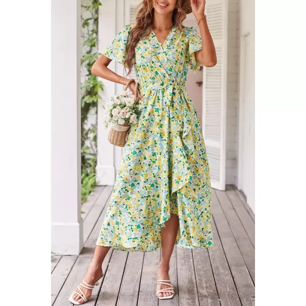 imagePRETTYGARDEN Womens 2023 Floral Boho Dress Wrap V Neck Short Sleeve Belted Ruffle Hem ALine Flowy Maxi DressesPrint White Yellow
