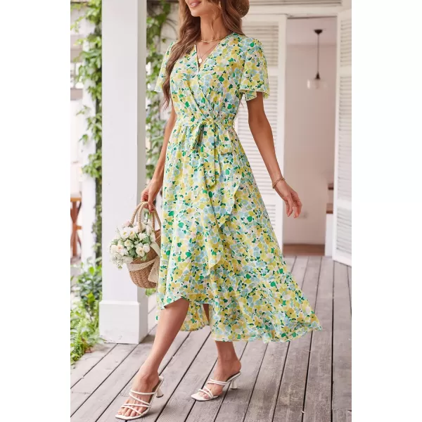 imagePRETTYGARDEN Womens 2023 Floral Boho Dress Wrap V Neck Short Sleeve Belted Ruffle Hem ALine Flowy Maxi DressesPrint White Yellow