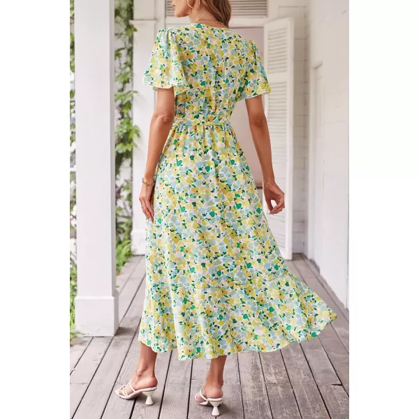 imagePRETTYGARDEN Womens 2023 Floral Boho Dress Wrap V Neck Short Sleeve Belted Ruffle Hem ALine Flowy Maxi DressesPrint White Yellow