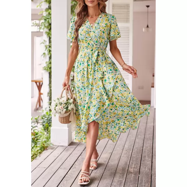 imagePRETTYGARDEN Womens 2023 Floral Boho Dress Wrap V Neck Short Sleeve Belted Ruffle Hem ALine Flowy Maxi DressesPrint White Yellow