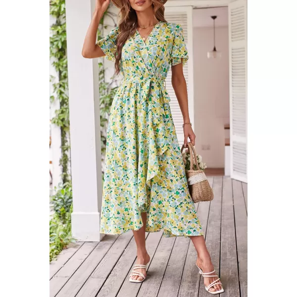 imagePRETTYGARDEN Womens 2023 Floral Boho Dress Wrap V Neck Short Sleeve Belted Ruffle Hem ALine Flowy Maxi DressesPrint White Yellow