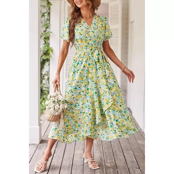 imagePRETTYGARDEN Womens 2023 Floral Boho Dress Wrap V Neck Short Sleeve Belted Ruffle Hem ALine Flowy Maxi DressesPrint White Yellow
