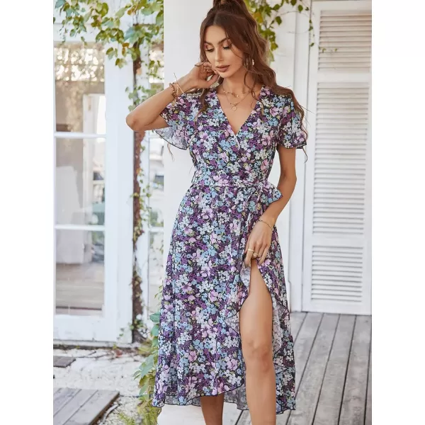 imagePRETTYGARDEN Womens 2023 Floral Boho Dress Wrap V Neck Short Sleeve Belted Ruffle Hem ALine Flowy Maxi DressesPurple Floral