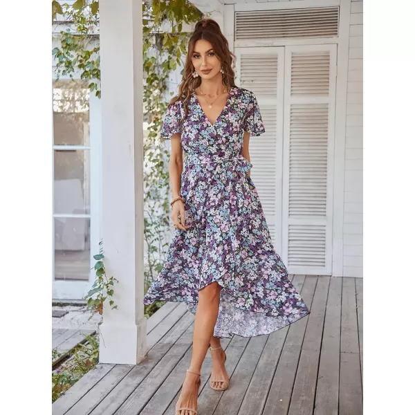 imagePRETTYGARDEN Womens 2023 Floral Boho Dress Wrap V Neck Short Sleeve Belted Ruffle Hem ALine Flowy Maxi DressesPurple Floral
