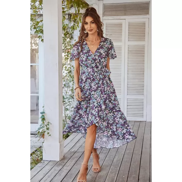 imagePRETTYGARDEN Womens 2023 Floral Boho Dress Wrap V Neck Short Sleeve Belted Ruffle Hem ALine Flowy Maxi DressesPurple Floral