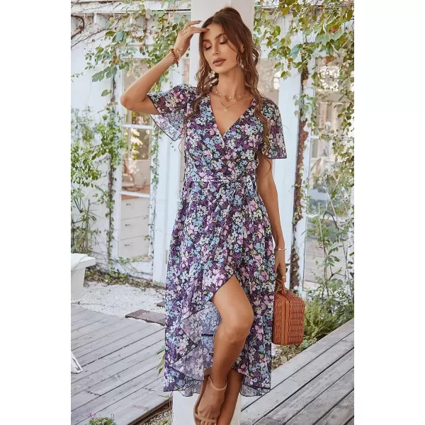 imagePRETTYGARDEN Womens 2023 Floral Boho Dress Wrap V Neck Short Sleeve Belted Ruffle Hem ALine Flowy Maxi DressesPurple Floral