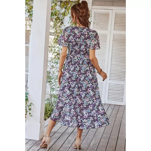 imagePRETTYGARDEN Womens 2023 Floral Boho Dress Wrap V Neck Short Sleeve Belted Ruffle Hem ALine Flowy Maxi DressesPurple Floral