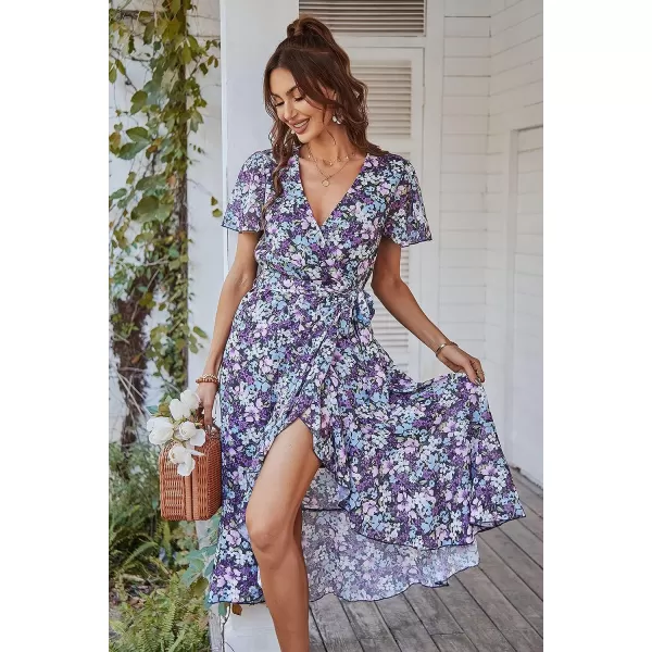 imagePRETTYGARDEN Womens 2023 Floral Boho Dress Wrap V Neck Short Sleeve Belted Ruffle Hem ALine Flowy Maxi DressesPurple Floral