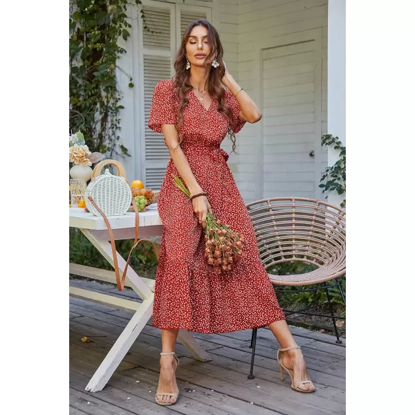 imagePRETTYGARDEN Womens 2023 Floral Boho Dress Wrap V Neck Short Sleeve Belted Ruffle Hem ALine Flowy Maxi DressesRed Floral