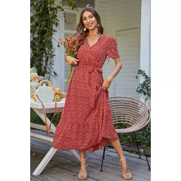 imagePRETTYGARDEN Womens 2023 Floral Boho Dress Wrap V Neck Short Sleeve Belted Ruffle Hem ALine Flowy Maxi DressesRed Floral