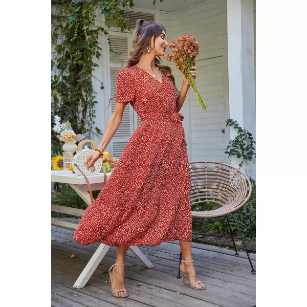 imagePRETTYGARDEN Womens 2023 Floral Boho Dress Wrap V Neck Short Sleeve Belted Ruffle Hem ALine Flowy Maxi DressesRed Floral