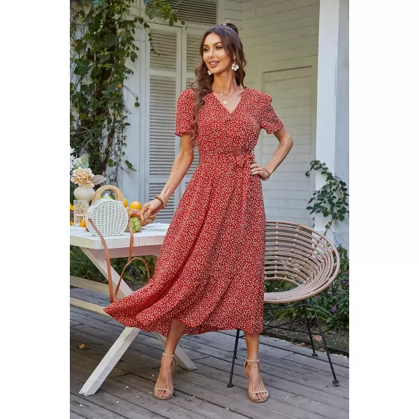 imagePRETTYGARDEN Womens 2023 Floral Boho Dress Wrap V Neck Short Sleeve Belted Ruffle Hem ALine Flowy Maxi DressesRed Floral