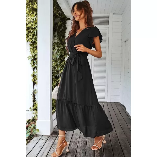 imagePRETTYGARDEN Womens 2023 Floral Boho Dress Wrap V Neck Short Sleeve Belted Ruffle Hem ALine Flowy Maxi DressesSolid Black