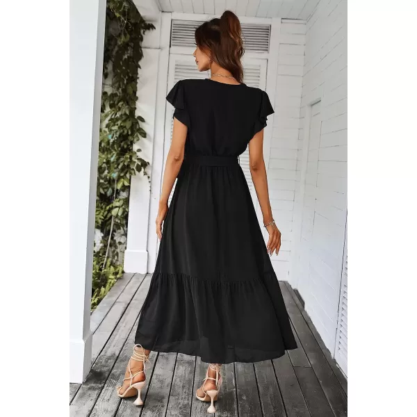 imagePRETTYGARDEN Womens 2023 Floral Boho Dress Wrap V Neck Short Sleeve Belted Ruffle Hem ALine Flowy Maxi DressesSolid Black