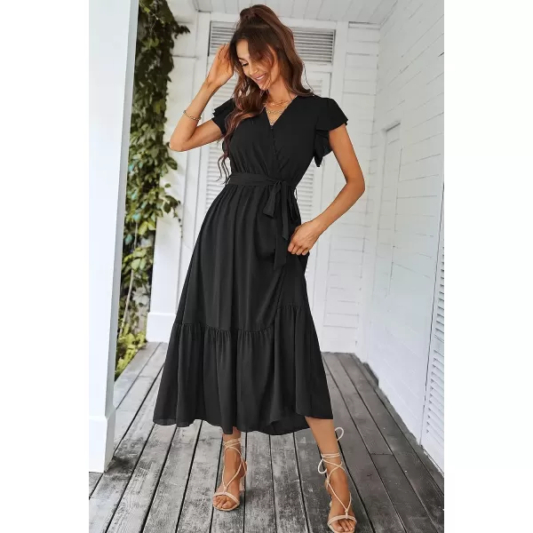 imagePRETTYGARDEN Womens 2023 Floral Boho Dress Wrap V Neck Short Sleeve Belted Ruffle Hem ALine Flowy Maxi DressesSolid Black