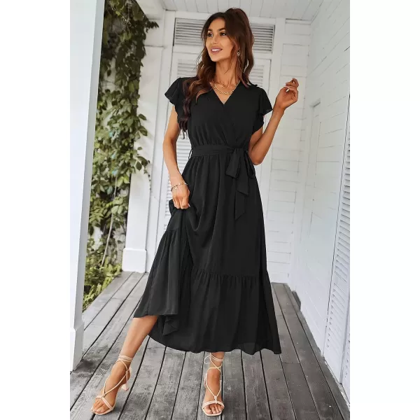 imagePRETTYGARDEN Womens 2023 Floral Boho Dress Wrap V Neck Short Sleeve Belted Ruffle Hem ALine Flowy Maxi DressesSolid Black
