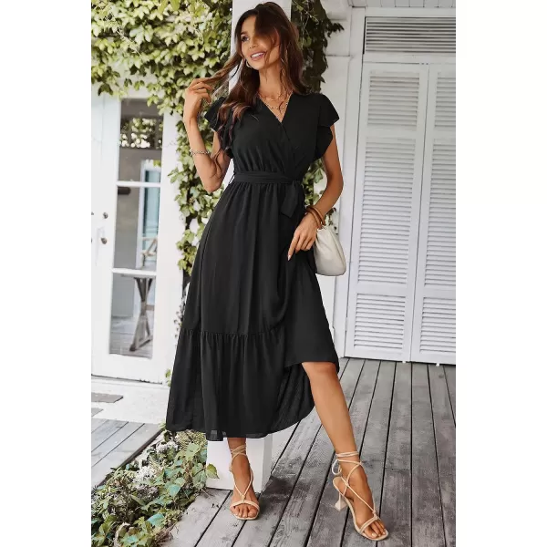 imagePRETTYGARDEN Womens 2023 Floral Boho Dress Wrap V Neck Short Sleeve Belted Ruffle Hem ALine Flowy Maxi DressesSolid Black