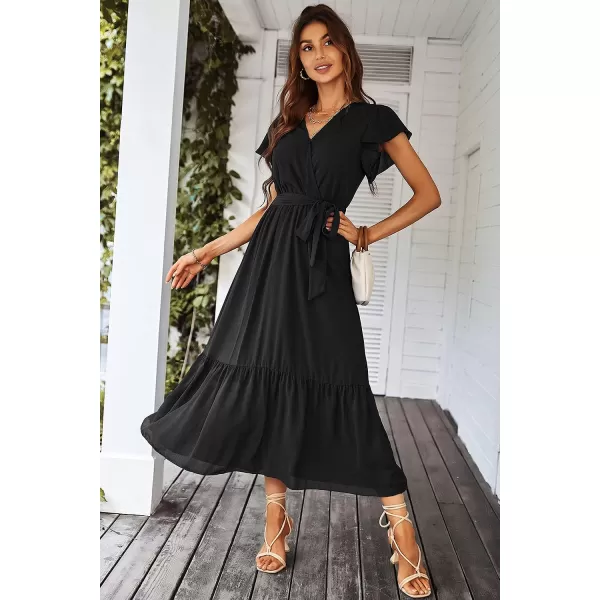 imagePRETTYGARDEN Womens 2023 Floral Boho Dress Wrap V Neck Short Sleeve Belted Ruffle Hem ALine Flowy Maxi DressesSolid Black