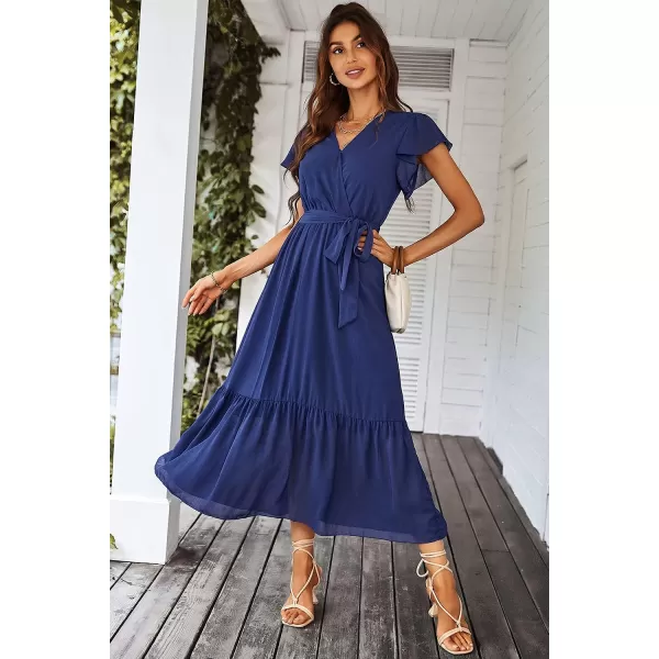 imagePRETTYGARDEN Womens 2023 Floral Boho Dress Wrap V Neck Short Sleeve Belted Ruffle Hem ALine Flowy Maxi DressesSolid Blue