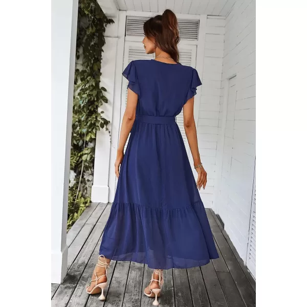 imagePRETTYGARDEN Womens 2023 Floral Boho Dress Wrap V Neck Short Sleeve Belted Ruffle Hem ALine Flowy Maxi DressesSolid Blue