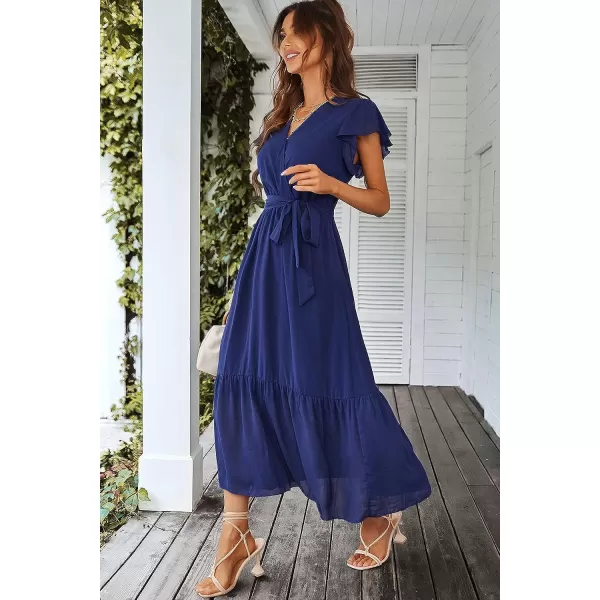 imagePRETTYGARDEN Womens 2023 Floral Boho Dress Wrap V Neck Short Sleeve Belted Ruffle Hem ALine Flowy Maxi DressesSolid Blue