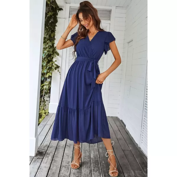 imagePRETTYGARDEN Womens 2023 Floral Boho Dress Wrap V Neck Short Sleeve Belted Ruffle Hem ALine Flowy Maxi DressesSolid Blue