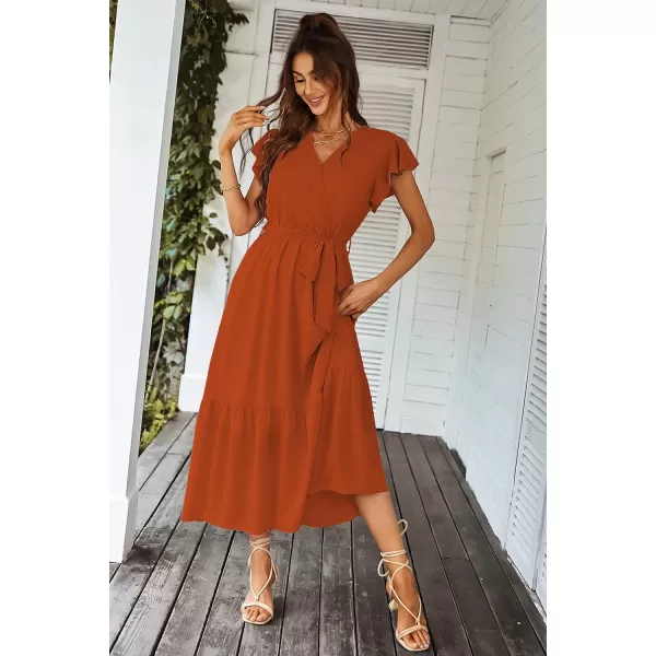 imagePRETTYGARDEN Womens 2023 Floral Boho Dress Wrap V Neck Short Sleeve Belted Ruffle Hem ALine Flowy Maxi DressesSolid Brick Red