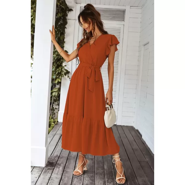 imagePRETTYGARDEN Womens 2023 Floral Boho Dress Wrap V Neck Short Sleeve Belted Ruffle Hem ALine Flowy Maxi DressesSolid Brick Red