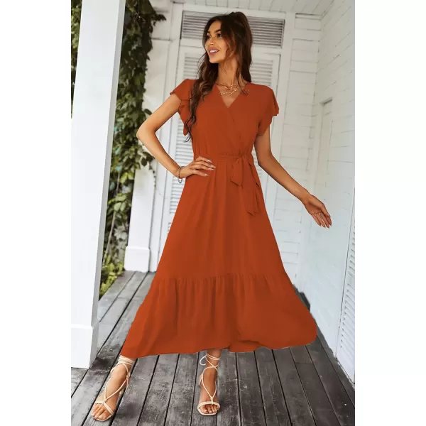 imagePRETTYGARDEN Womens 2023 Floral Boho Dress Wrap V Neck Short Sleeve Belted Ruffle Hem ALine Flowy Maxi DressesSolid Brick Red