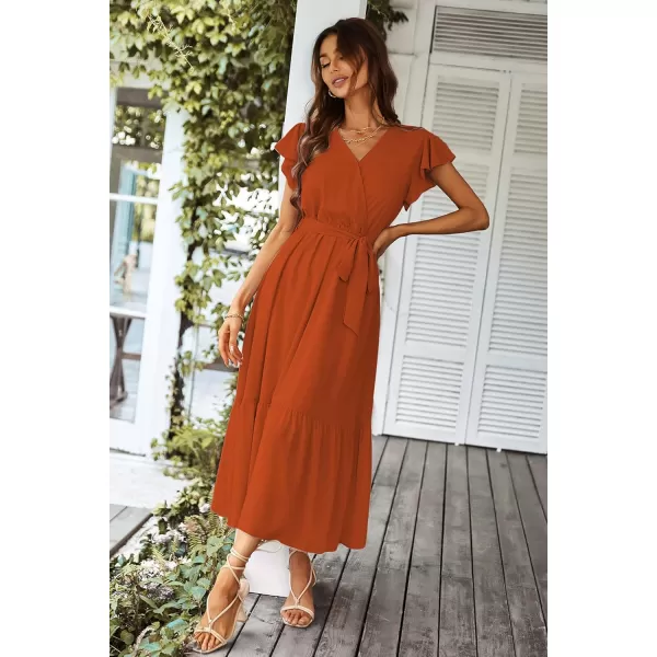 imagePRETTYGARDEN Womens 2023 Floral Boho Dress Wrap V Neck Short Sleeve Belted Ruffle Hem ALine Flowy Maxi DressesSolid Brick Red