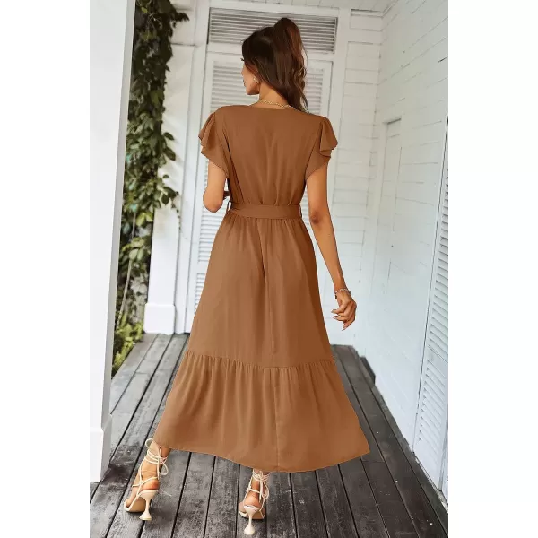 imagePRETTYGARDEN Womens 2023 Floral Boho Dress Wrap V Neck Short Sleeve Belted Ruffle Hem ALine Flowy Maxi DressesSolid Brown