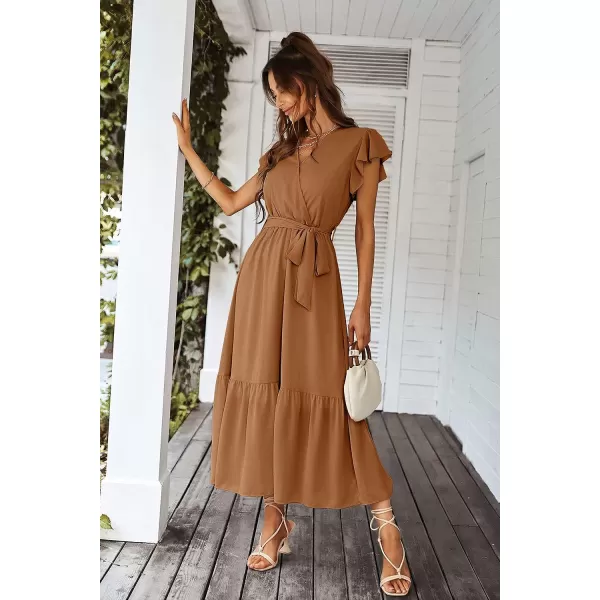 imagePRETTYGARDEN Womens 2023 Floral Boho Dress Wrap V Neck Short Sleeve Belted Ruffle Hem ALine Flowy Maxi DressesSolid Brown