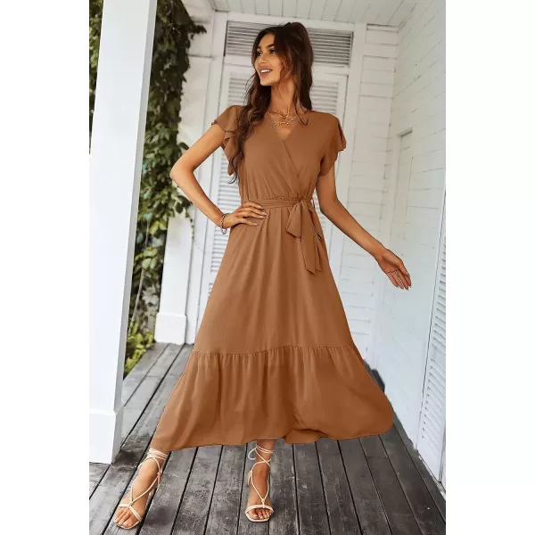 imagePRETTYGARDEN Womens 2023 Floral Boho Dress Wrap V Neck Short Sleeve Belted Ruffle Hem ALine Flowy Maxi DressesSolid Brown
