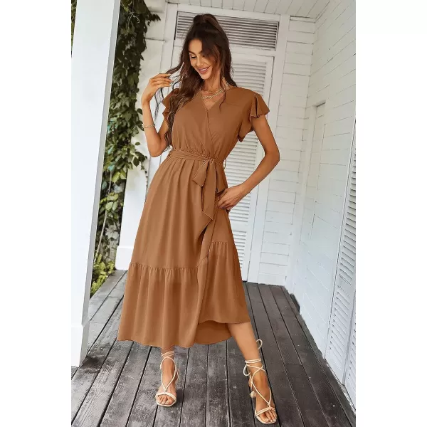 imagePRETTYGARDEN Womens 2023 Floral Boho Dress Wrap V Neck Short Sleeve Belted Ruffle Hem ALine Flowy Maxi DressesSolid Brown