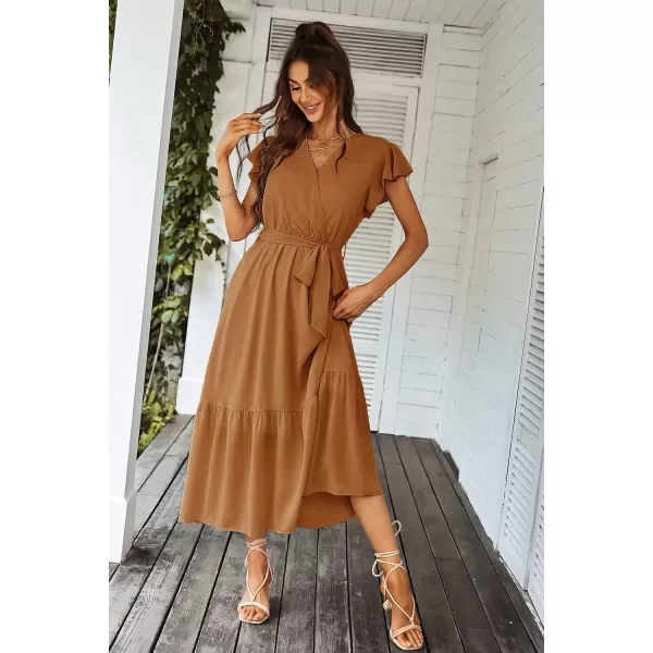 imagePRETTYGARDEN Womens 2023 Floral Boho Dress Wrap V Neck Short Sleeve Belted Ruffle Hem ALine Flowy Maxi DressesSolid Brown