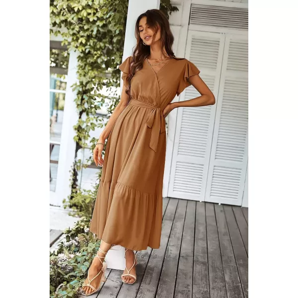 imagePRETTYGARDEN Womens 2023 Floral Boho Dress Wrap V Neck Short Sleeve Belted Ruffle Hem ALine Flowy Maxi DressesSolid Brown
