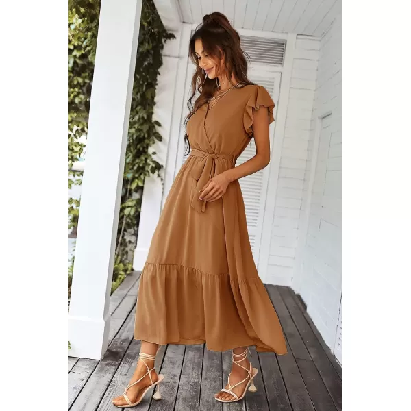 imagePRETTYGARDEN Womens 2023 Floral Boho Dress Wrap V Neck Short Sleeve Belted Ruffle Hem ALine Flowy Maxi DressesSolid Brown