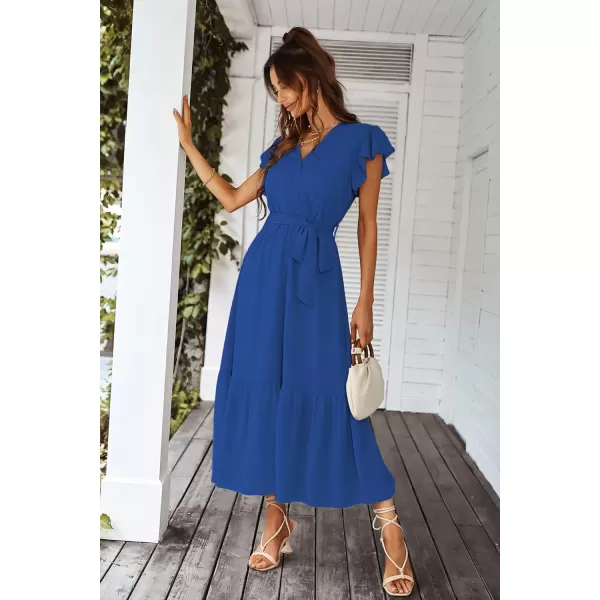 imagePRETTYGARDEN Womens 2023 Floral Boho Dress Wrap V Neck Short Sleeve Belted Ruffle Hem ALine Flowy Maxi DressesSolid Dark Blue
