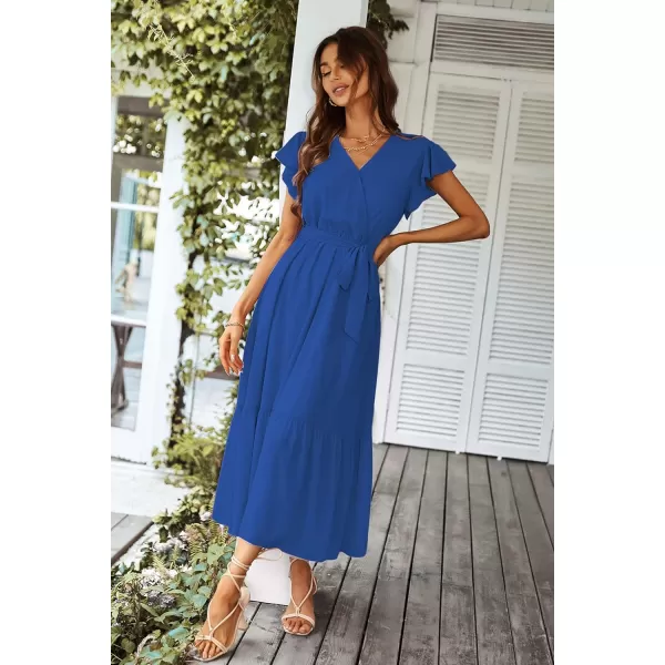 imagePRETTYGARDEN Womens 2023 Floral Boho Dress Wrap V Neck Short Sleeve Belted Ruffle Hem ALine Flowy Maxi DressesSolid Dark Blue