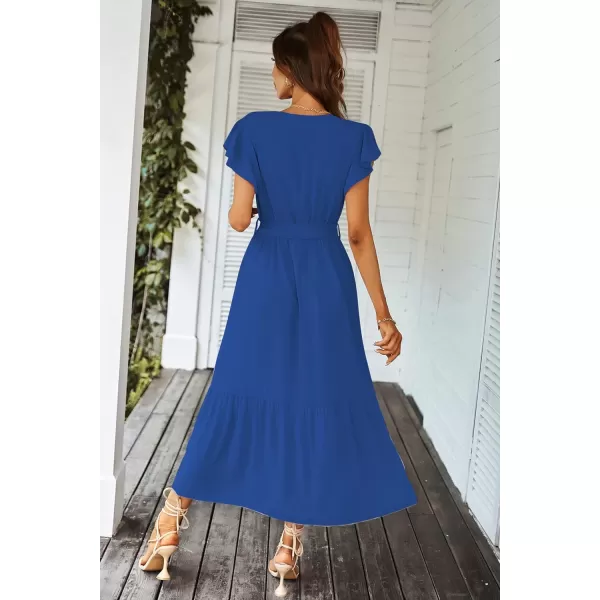 imagePRETTYGARDEN Womens 2023 Floral Boho Dress Wrap V Neck Short Sleeve Belted Ruffle Hem ALine Flowy Maxi DressesSolid Dark Blue