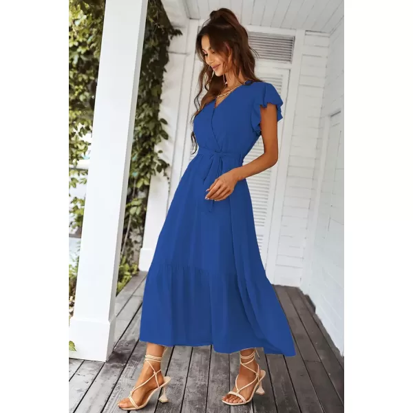 imagePRETTYGARDEN Womens 2023 Floral Boho Dress Wrap V Neck Short Sleeve Belted Ruffle Hem ALine Flowy Maxi DressesSolid Dark Blue