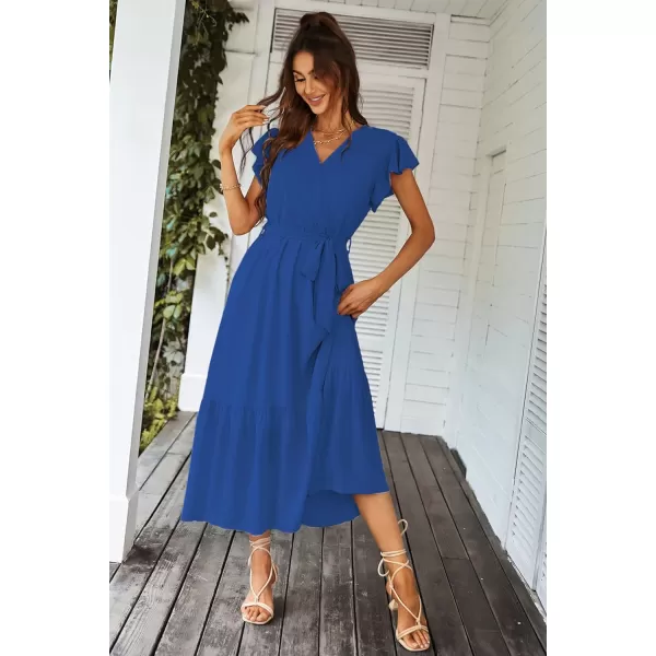 imagePRETTYGARDEN Womens 2023 Floral Boho Dress Wrap V Neck Short Sleeve Belted Ruffle Hem ALine Flowy Maxi DressesSolid Dark Blue
