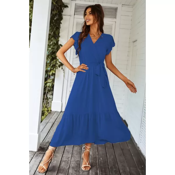 imagePRETTYGARDEN Womens 2023 Floral Boho Dress Wrap V Neck Short Sleeve Belted Ruffle Hem ALine Flowy Maxi DressesSolid Dark Blue