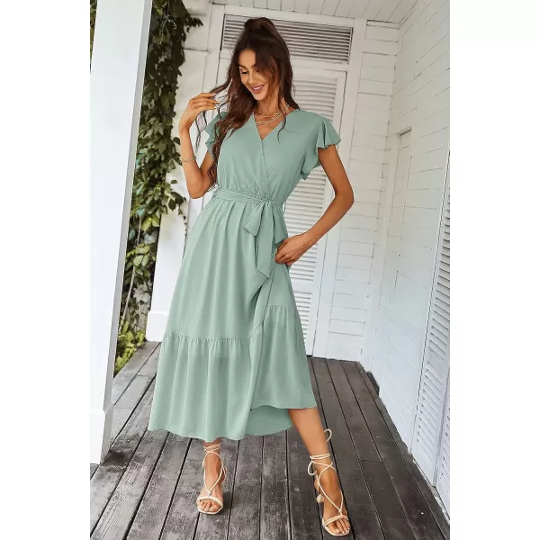 imagePRETTYGARDEN Womens 2023 Floral Boho Dress Wrap V Neck Short Sleeve Belted Ruffle Hem ALine Flowy Maxi DressesSolid Green