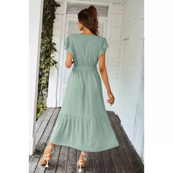 imagePRETTYGARDEN Womens 2023 Floral Boho Dress Wrap V Neck Short Sleeve Belted Ruffle Hem ALine Flowy Maxi DressesSolid Green