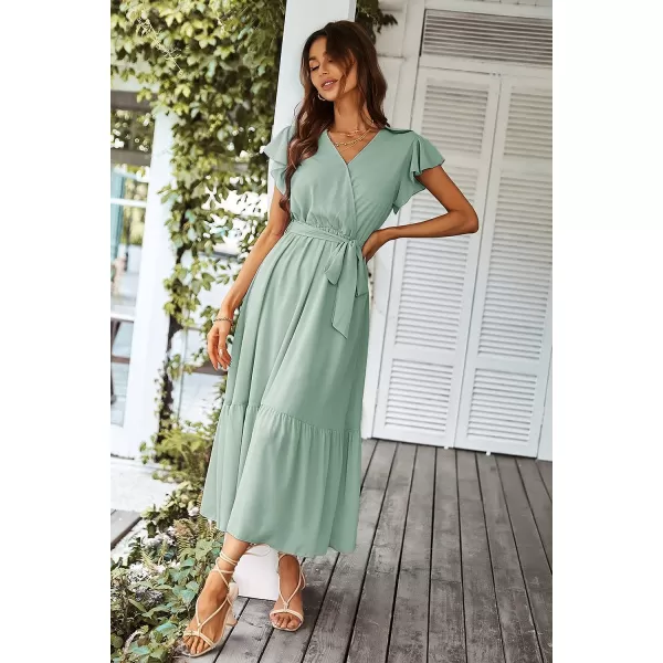 imagePRETTYGARDEN Womens 2023 Floral Boho Dress Wrap V Neck Short Sleeve Belted Ruffle Hem ALine Flowy Maxi DressesSolid Green