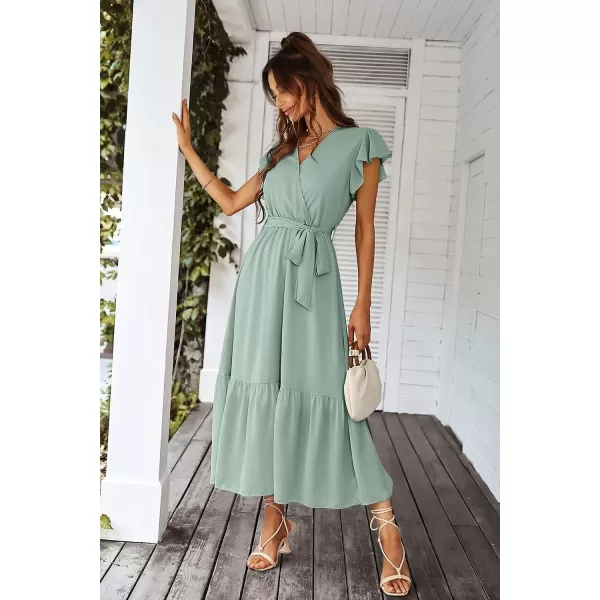imagePRETTYGARDEN Womens 2023 Floral Boho Dress Wrap V Neck Short Sleeve Belted Ruffle Hem ALine Flowy Maxi DressesSolid Green